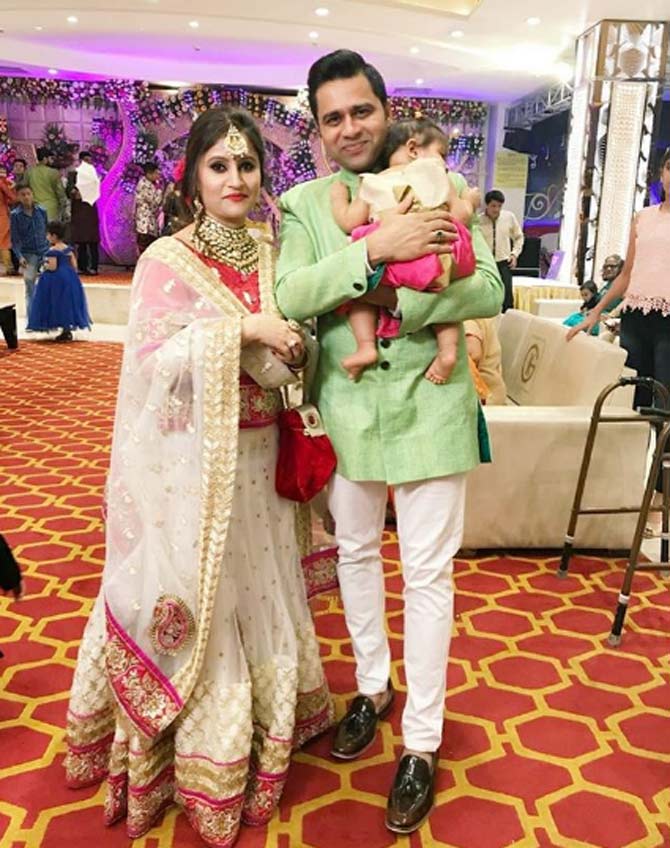 In November 2011, Aakash Chopra's second book was published by Harper Collins and was titled Out of the Blue. It was based on Rajasthan's title victory at the Ranji Trophy.  In picture: Aakash Chopra with wife Aakshi Chopra and daughter at a wedding.