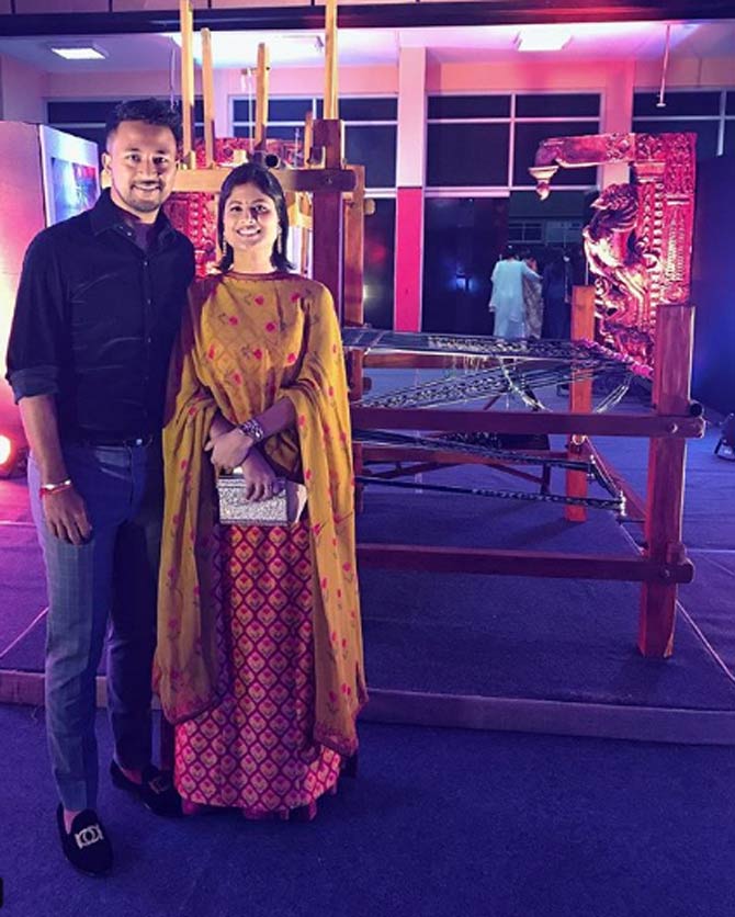 Pragyan Ojha and his wife Karabee have a liking for a variety of events and outings. Here they are season at a weaving event, he captioned, 'At the #woven event. Great initiative for the upliftment of the extremely talented weaver community of Telangana. #nationalhandloomday'