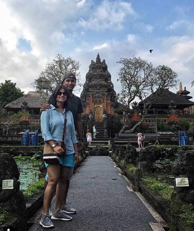 Pragyan Ojha and wife Karabee Baral, seeking divine blessings at a temple in Bali, Indonesia. He wrote, 'This place is so divine #saraswatitemple'.  Pragyan and Karabi seem to be quite frequent visitors to this place!