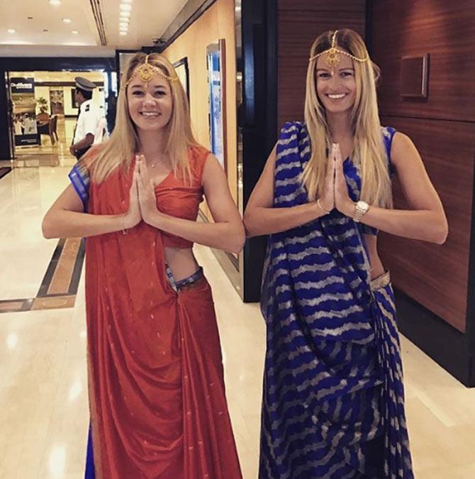 Jos Buttler shared this picture of his wife Louise Buttler draped in a beautiful saree. He captioned, 'Barmy army getting into the spirit!! @louisekwebber @bealeyrose'