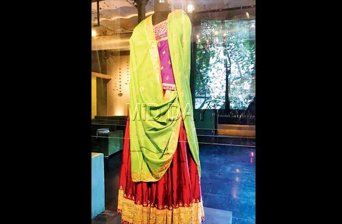 From Founder of Good Earth, Anita Lal’s personal collection is this wedding poshak dated 1970 — a kurti-kacchli ghaghri set with ghamla buti on the choli and sitara gota border on the ghaghri
