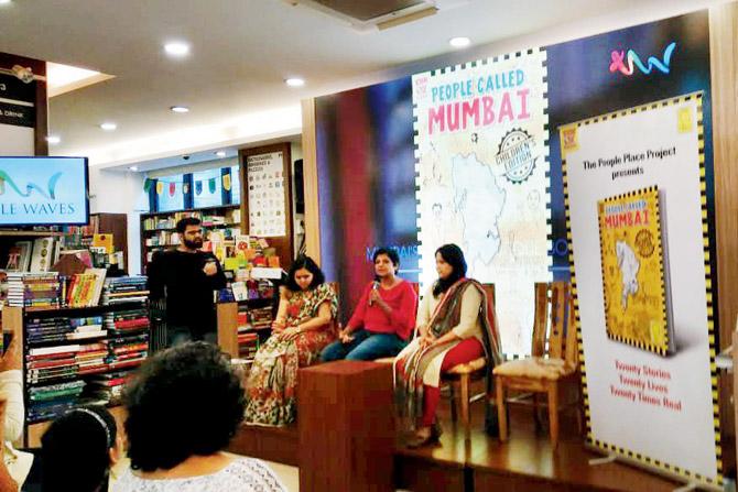 Writers Vinitha Ramchandani (centre), Manasi Choksi (left), and Shriti Das (right) of the People Place Project at a book reading session