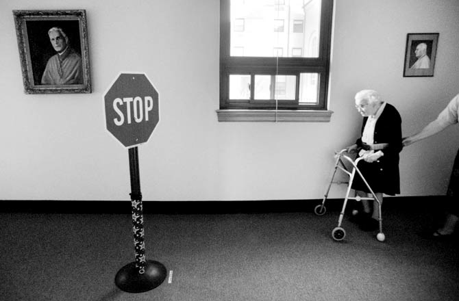 A 1998 picture of Sister Mary Eileen Cawley, 90, at Baltimore’s School Sisters of Notre Dame -mother house-, walking with assistance during the agility part of a nation-wide study. The study, which came to be known as the Nun Study of Ageing and Alzheimer’s Disease, began in 1986 and helped researched gain key insights into the protein amyloid which is associated with Alzheimer-s. Pic/Getty Images