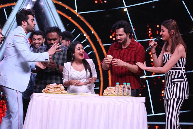 Anushka Sharma and Varun Dhawan on the sets of Indian Idol 10