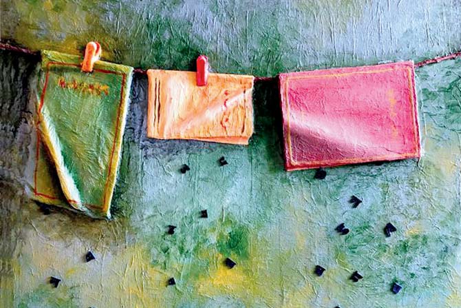 the books as clothes left to dry on a string symbolises the washing out of information