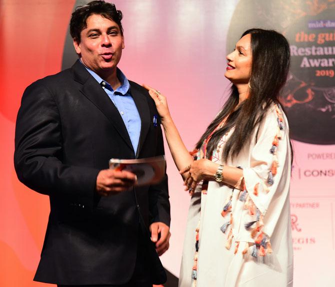 Maria Goretti and Cyrus Broacha caught in a candid moment at the Guide Restaurant Awards 2019 at St Regis, Lower Parel in Mumbai on April 9, 2019