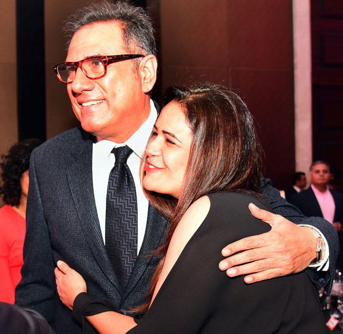 Boman Irani and Mona Singh are all smiles in this photo at the Guide Restaurant Awards 2019 at St Regis, Lower Parel in Mumbai on April 9, 2019