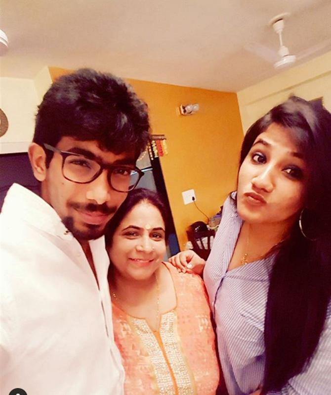 Considered as one of the best pacers in the world, Jasprit Bumrah is known for his ferocious yorkers and fast-paced bouncers.
In picture: Jasprit Bumrah with his sister Juhika and mother Daljit on Women's Day.