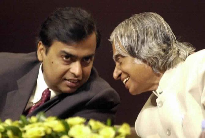 In picture: Mukesh Ambani speaks to former Indian President late A.P.J. Abdul Kalam during the inaugural Dhirubhai Ambani Memorial Lecture on the first anniversary of the death of Dhirubhai Ambani in Bombay on July 6, 2003