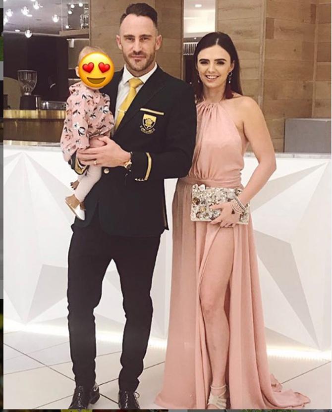 Faf du Plessis has played a total of 77 matches in his IPL career and has scored 2,152 runs at an average of 34.15 
Faf du Plessis posted this picture with wife Imari Visser and their kid at the CSA awards