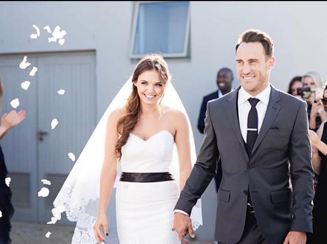 in picture: Faf du Plessis and wife Imari in a candid moment on their wedding day.
