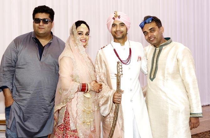 Prateek Chakravarthy and Karan Sethi pose with the newly-wed couple Ssharad Malhotra and Ripci Bhatia.