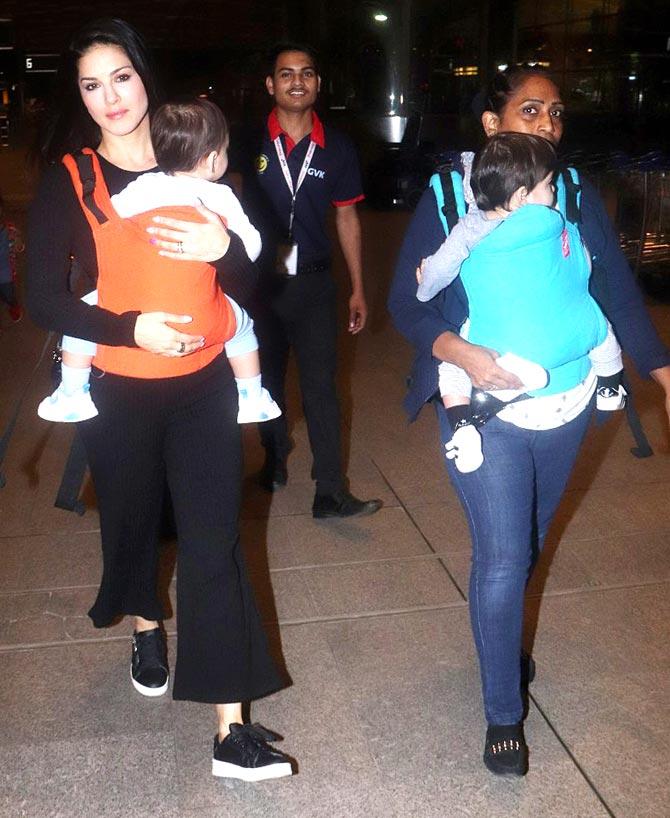 Sunny Leone along with husband Daniel Weber and kids were spotted at the Mumbai airport. Sunny and nanny saw with twins Noah Singh Weber and Asher Singh Weber.