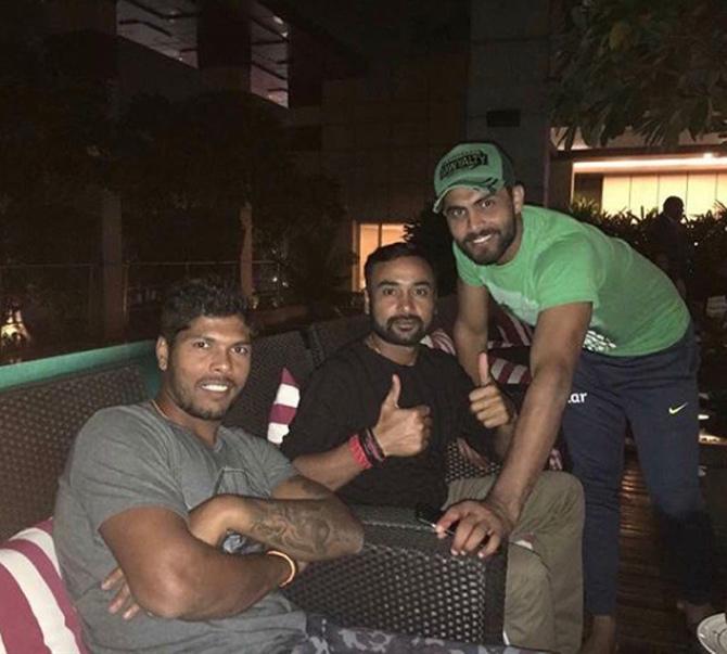 In his IPL career, Amit Mishra has played 150 matches and taken 160 wickets at an economy rate of 7.34. Mishra's best bowling figures of 5/17 came in his debut season in 2008.
In picture: Amit Mishra with fellow cricketers Umesh Yadav and Ravindra Jadeja.