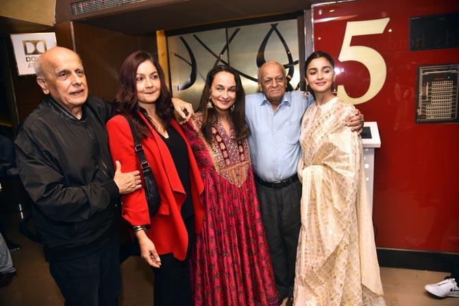 The entire Bhatt family and Soni Razdan's father, Narendra Nath Razdan, posed for the cameras at the special screening in Juhu. 