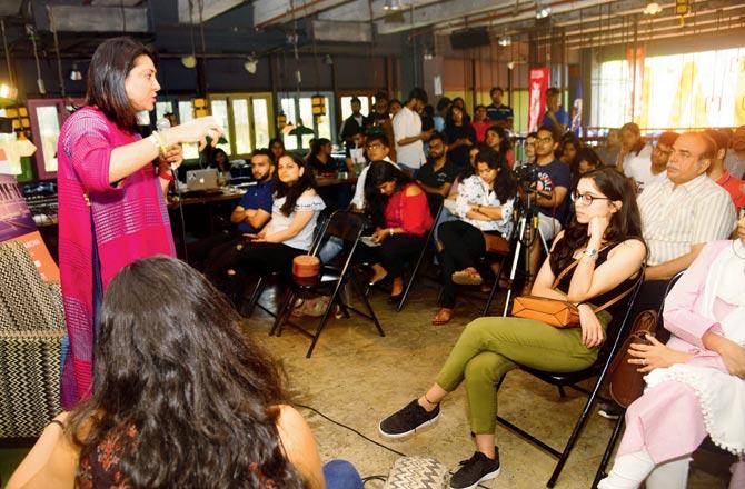 Congress candidate Priya Dutt speaks to the youth at Khar Social