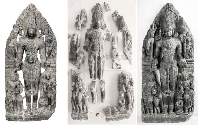 The Harihara sculpture before and after restoration