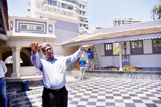 Conservation architect Vikas Dilawari. He speaks of the typology of the site that is unique to locate because of its perfect-to-scale courtyard. Entry is through a formal entrance portal with varying floor heights. It is surrounded by two identical verandahs on either side with windows overlooking the seaward and landward sides. The flooring was retained; an Italian marble dado was added to replace the old one. The internal paint on limestone was removed with a steam machine that was a long process. Pisc/Pradeep Dhivar