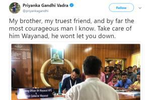 A screengrab of Priyanka Gandhi's heartfelt post for brother Rahul Gandhi. Pic/Twitter Priyanka Gandhi Vadra