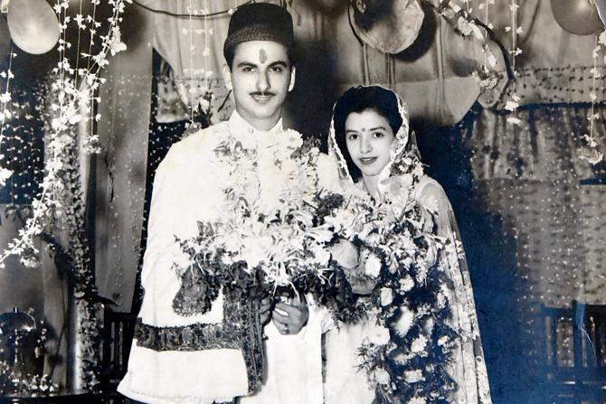 Cricketer Mehli Irani and his wife Dhun on their wedding day in 1955. Their marriage was the first function on the Rustom Baug pavilion grounds. Pic Courtesy/Mehli Irani