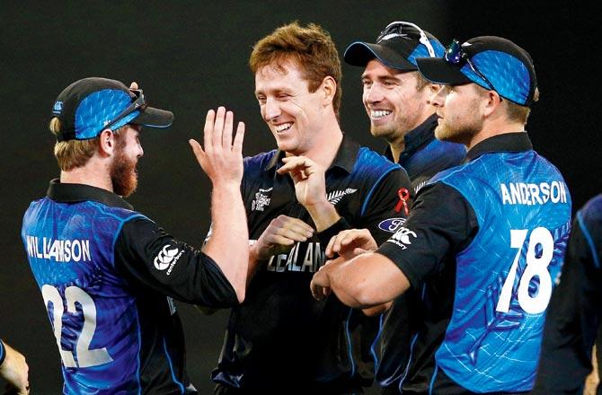 New Zealand players celebrate a wicket in the 2015 World Cup