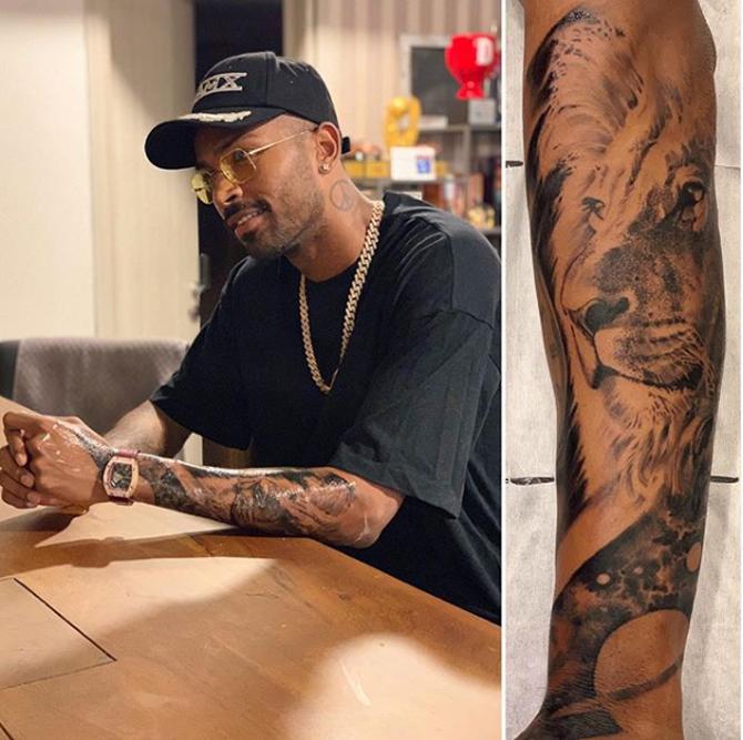 Hardik Pandya loves his tattoos. Here he posted a photo of his newest tattoo which he got on his left arm. The tattoo has the face of a lion.