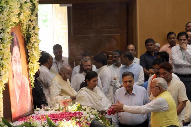 Manohar Lal Khattar, Chief Minister of Haryana also came in for the prayer meeting as he paid homage to late Sushma Swaraj during the latter's condolence meeting on Friday in New Delhi.