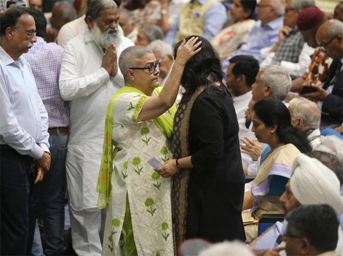 Former prime minister Atal Bihari Vajpayee's daughter Namita Bhattacharya offers her condolence to Bansuri Swaraj, daughter of Sushma Swaraj, during the Uthawani ceremony held at New Delhi.