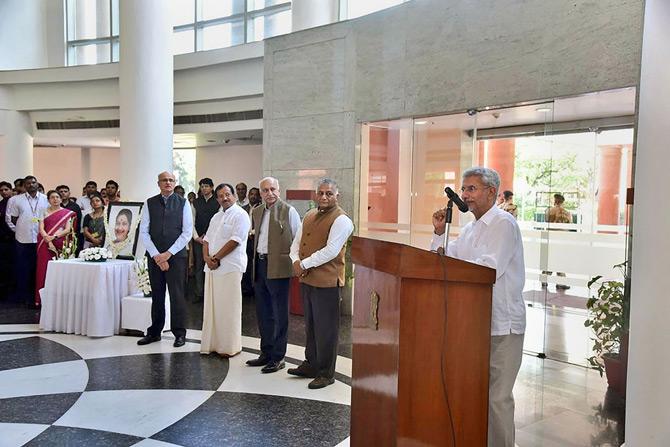 Minister of External Affairs S Jaishankar addresses a condolence meeting in the memory of former external affairs minister and BJP leader, late Sushma Swaraj.