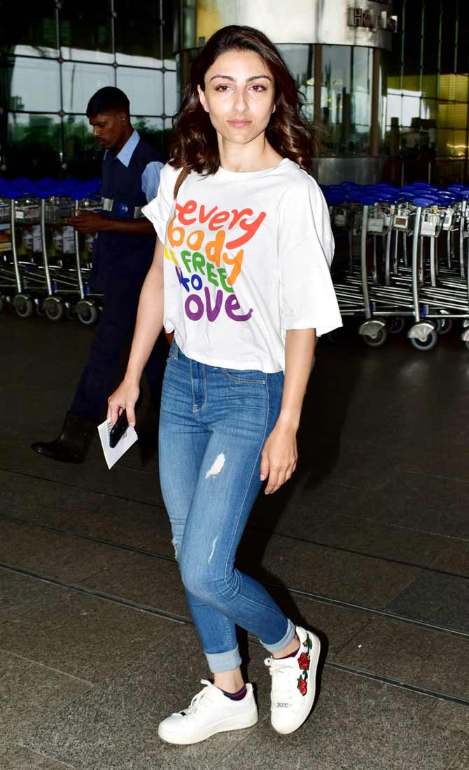 Soha Ali Khan was seen wearing a white basic tee, paired with blue denim and sneakers as her airport look! The actress, who gave her voice to A Hundred Cartloads said in an interview with mid-day: 