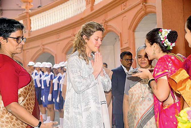 In pic: Canadian PM Justin Trudeau's wife Sophie Trudeau, First lady of Canada gets a traditional welcome during her visit to Sophia College for Women in 2018. Pic/Atul Kamble