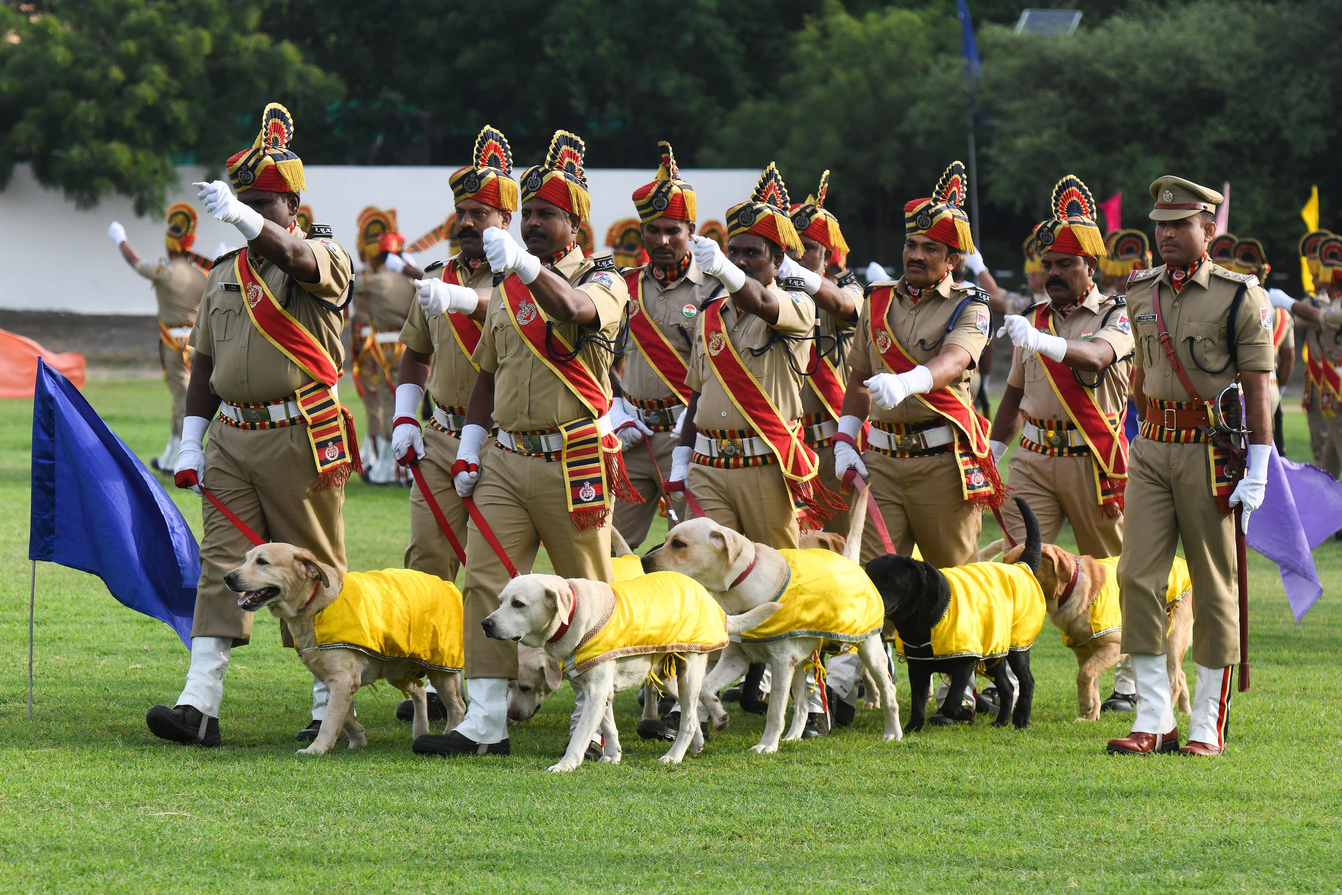 Indian Railway Protection Force (RPF) dog squad personnel march during a ceremony to celebrate country's 73rd Independence Day, which marks the of the end of British colonial rule, in Secunderabad on August 15, 2019. Pic/AFP