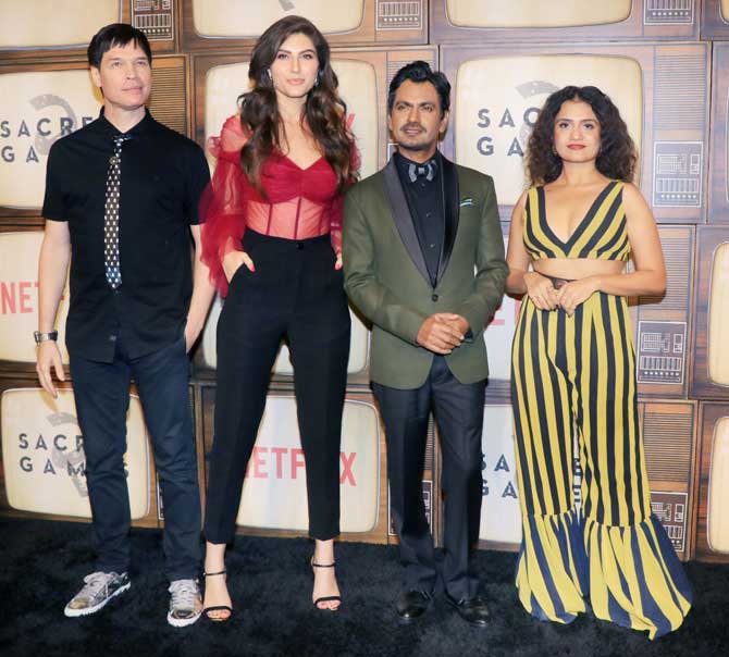 Left to right: Luke Kenny, Elnaaz Norouzi, Nawazuddin Siddiqui and Amruta Subhash pose for the photographers at their show Sacred Games 2 screening in Lower Parel.