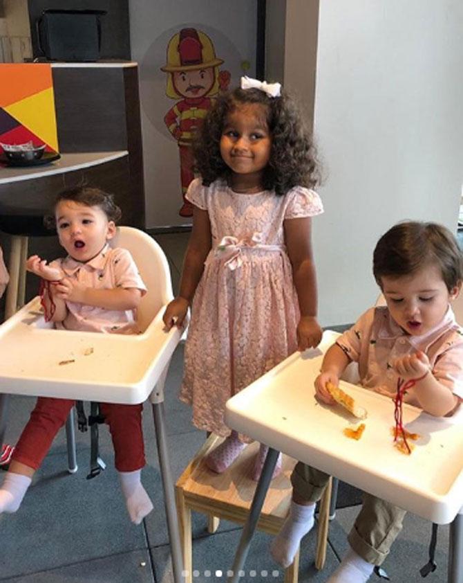 Sunny Leone's daughter Nisha Kaur Weber tied rakhi to her siblings - Noah Singh Weber and Asher Singh Weber. Sunny posted a couple of photos on Instagram and wrote - 