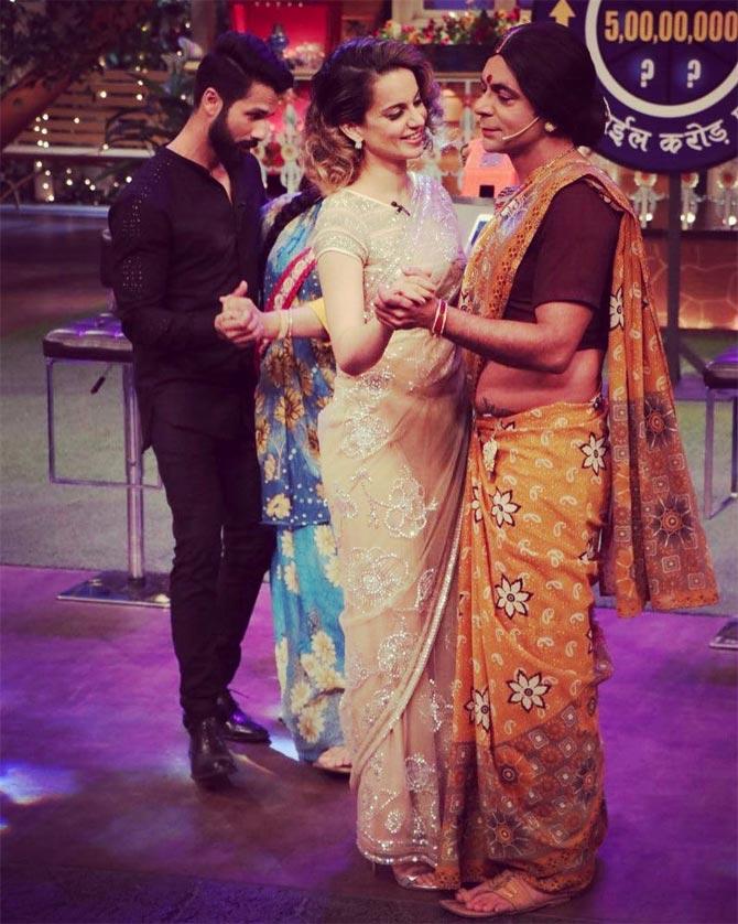 Soon he started getting work in voiceovers. It was his real struggling period. In his interview with Humans of Bombay he said how when used to get rejected from Television and films, he had a cushion to fall back upon–something.
In picture: Sunil Grover as 'Gutthi' with Kangana Ranaut and Shahid Kapoor.