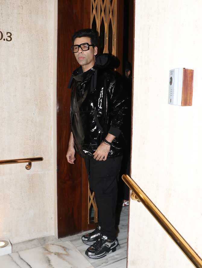 Karan Johar opted for an all-black casual look to attend Manish Malhotra's after-party at his Bandra residence.