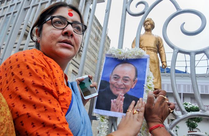 Former Union Minister Arun Jaitley was admitted to the AIIMS earlier this month after he complained of restlessness. He was treated by a multi-disciplinary team of senior doctors and was placed under observation at the hospital's Cardio-Neuro-Centre
In pic: Actress turned BJP Lok Sabha MP Locket Chatterjee pays tribute to former finance minister Arun Jaitley