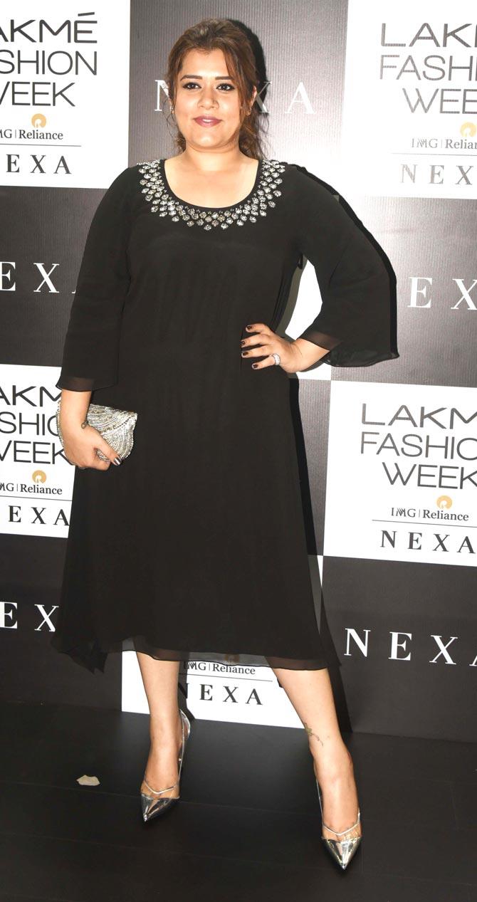 Veere Di Wedding actress Shikha Talsania attended the Lakme Fashion Week Winter-Festive 2019 in a black dress and silver pumps.