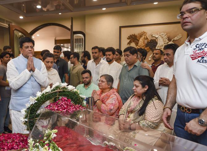 In pic: Union Minister Piyush Goyal pays tributes to former Finance Minister and BJP leader Arun Jaitley at his residence at Greater Kailash in New Delhi