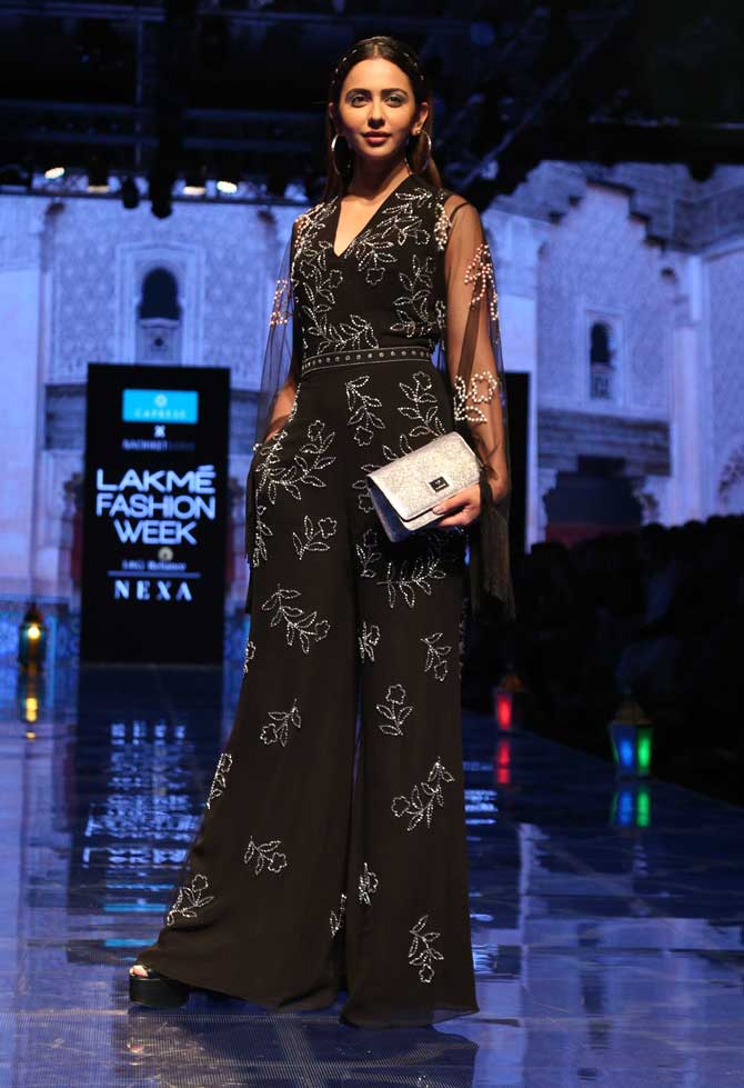 Rakul Preet Singh, whose last Bollywood outing was De De Pyaar De with Ajay Devgn and Tabu, walked the ramp for designer Nachiket Barve's collection 'Passport Princesses', which was presented by Caprese at the Lakme Fashion Week Winter/Festive 2019.
