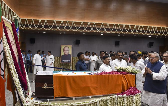 In pic: Jammu and Kashmir Governor Satya Pal Malik also arrived at BJP headquarters to pay his last respects to the mortal remains of BJP leader and former Finance Minister Arun Jaitley in New Delhi