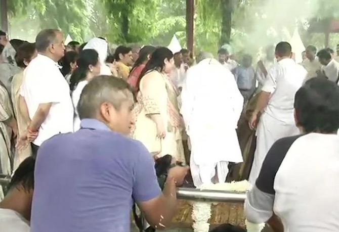 Rohan Jaitley performed the final rites of his father and late BJP leader Arun Jaitley as his mother Sangeeta Jaitley and sister Sonali Jaitley Bakhshi got emotional while bidding a tearful adieu