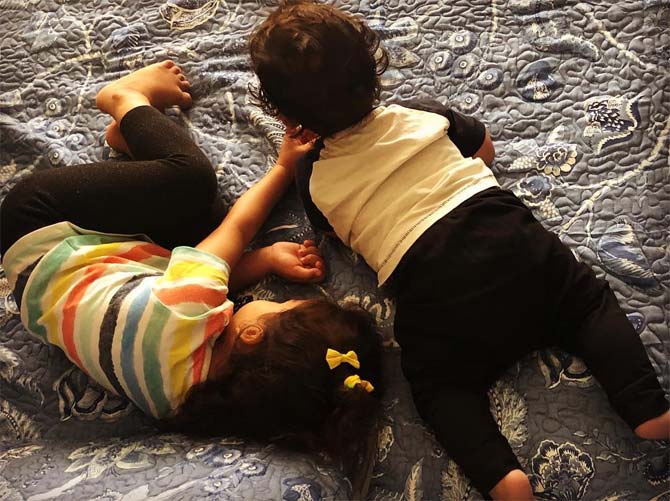 A cute picture of Misha and Zain! Mira Rajput Kapoor shared the photo and captioned it: Zizi I decided to wear your T-shirt cause it's still a bit big for you. It fits and I think I'm going to keep it #sharingiscaring #lifeintechnicolor