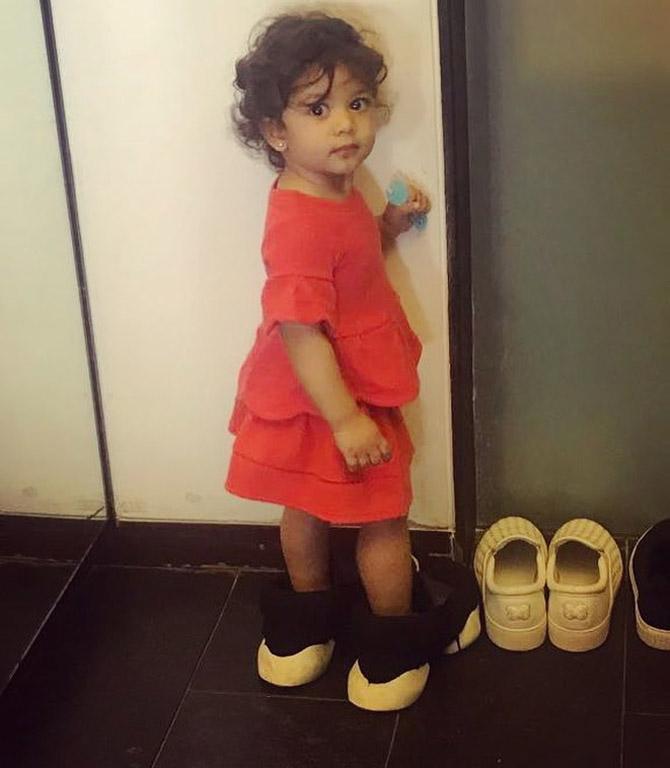 Shahid Kapoor shared this photo on his Instagram capturing a moment of a one-year-old Misha standing in his shoes. He captioned the image saying: 