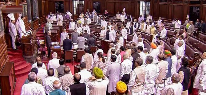 Parliamentarians observed silence during an obituary reference of former external affairs minister and senior BJP leader Sushma Swaraj in the Rajya Sabha, during the ongoing Budget Session of Parliament, in New Delhi.