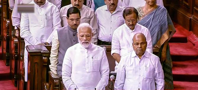 In picture: Prime Minister Narendra Modi and other parliamentarians observe silence during an obituary reference of former external affairs minister and senior BJP leader Sushma Swaraj in the Rajya Sabha.