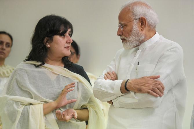 Prime Minister Narendra Modi consoles Bansuri Swaraj, daughter of former external affairs minister, late Sushma Swaraj after paying homage to her mortal remains at her residence in New Delhi.