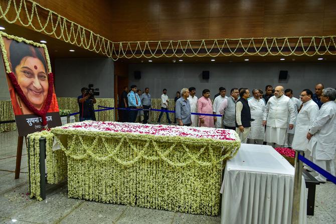 In pic: Home Minister Amit Shah, BJP Working President J P Nadda and other leaders review preparations at the BJP Headquarters in New Delhi before the arrival of the mortal remains of former external affairs minister Sushma Swaraj 