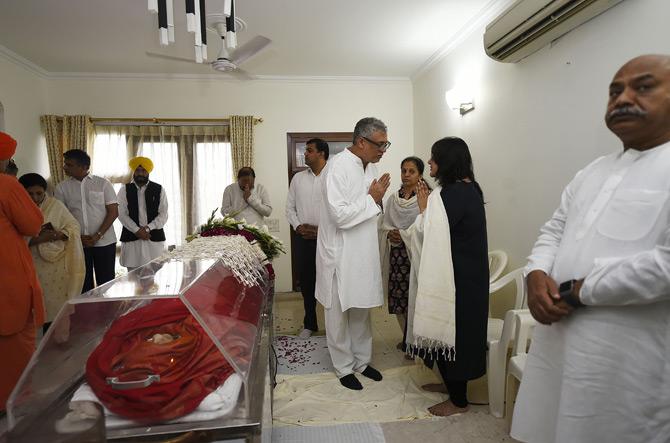 In pic: Trinamool Congress (TMC) MP Derek O'Brien expresses his condolences to Bansuri Swaraj, daughter of the late Sushma Swaraj at her residence in New Delhi.