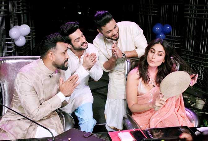 Kareena Kapoor Khan is back as the judge of dance reality show Dance India Dance. The actress was in London shooting for her next film, marking her absence in the show. For the episode, Kareena looked stunning in a blush pink sequinned saree. And when it's Kareena Kapoor, we can be sure of a laughing riot on the sets (as evident from the picture). All Pictures/Yogen Shah